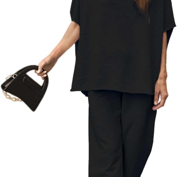 Two Piece Batwing Short Sleeve Mock Neck Pullover Top Wide Leg Pants Lounge - Picture 4 of 4